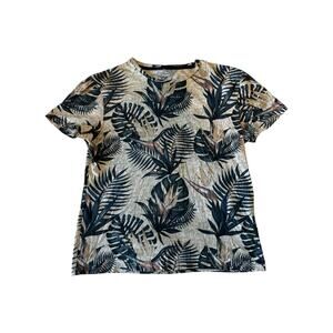 Voyage Men’s Tropical Leaf Print T-Shirt Size M Beige Black Short Sleeve Casual